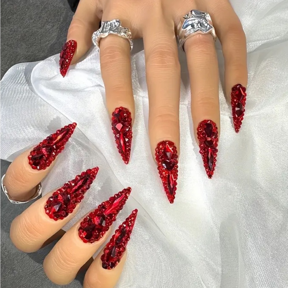 Handmade Red Rhinestone Nail Art Set Sz S